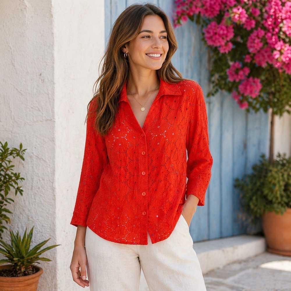 NEW Artelier by Nicole Miller Orange Floral Eyelet Button Down‎ Blouse Luxury M
